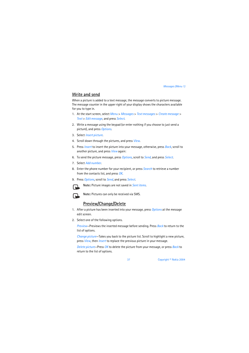 Write and send, Preview/change/delete | Nokia 6019i User Manual | Page 38 / 241