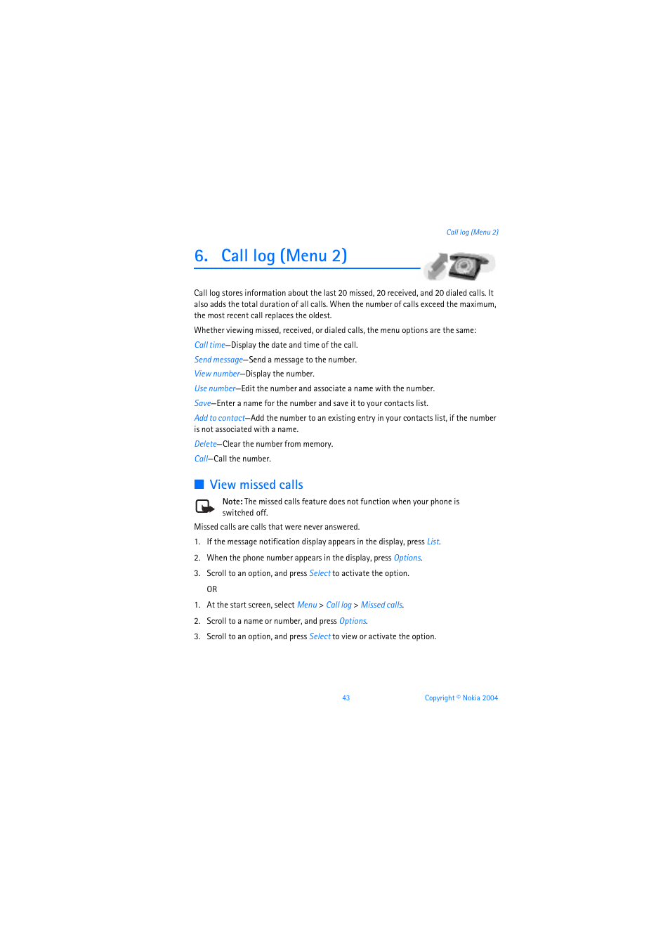 Call log (menu 2), View missed calls | Nokia 6019i User Manual | Page 44 / 241