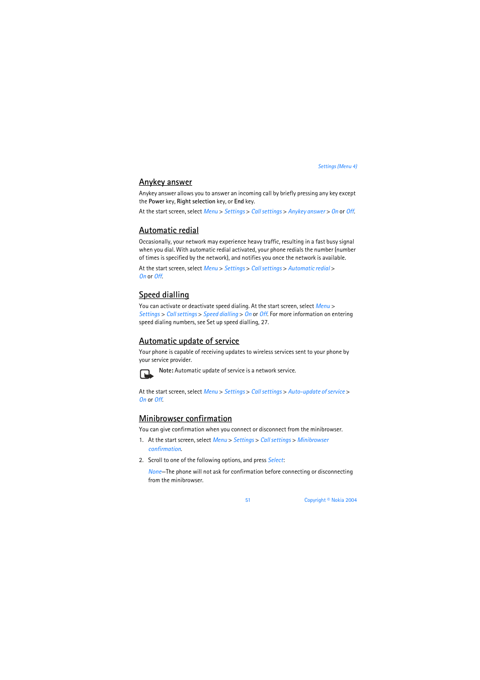 Anykey answer, Automatic redial, Speed dialling | Automatic update of service, Minibrowser confirmation | Nokia 6019i User Manual | Page 52 / 241