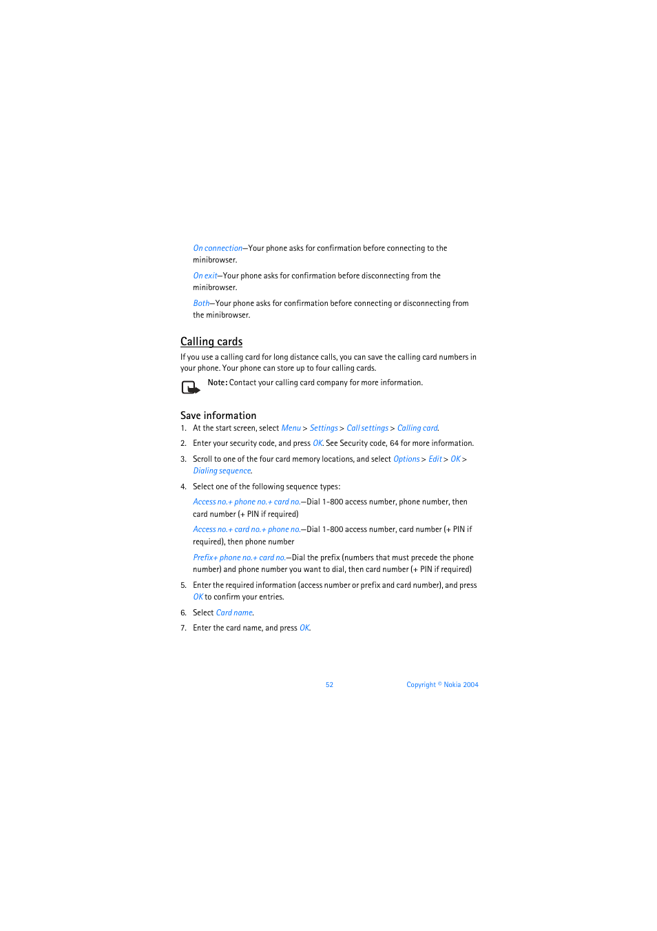 Calling cards | Nokia 6019i User Manual | Page 53 / 241