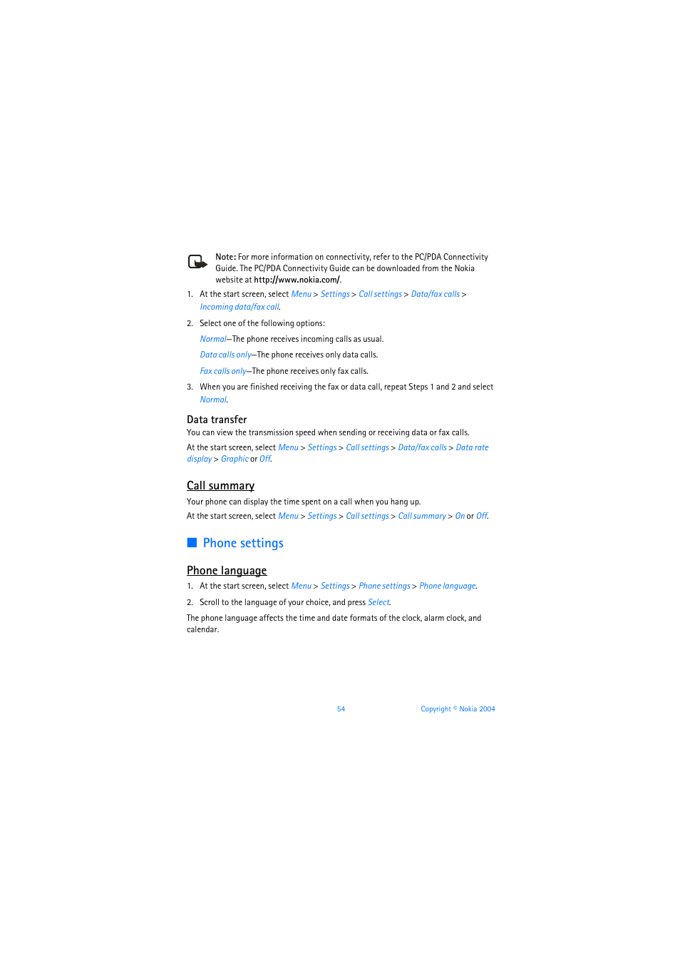 Phone settings, Call summary, Phone language | Nokia 6019i User Manual | Page 55 / 241
