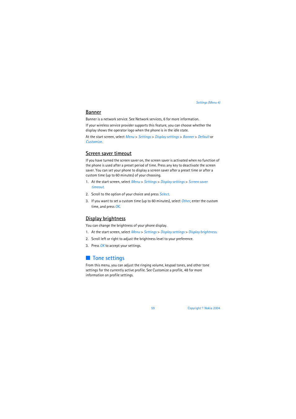 Tone settings, Banner, Screen saver timeout | Display brightness | Nokia 6019i User Manual | Page 60 / 241