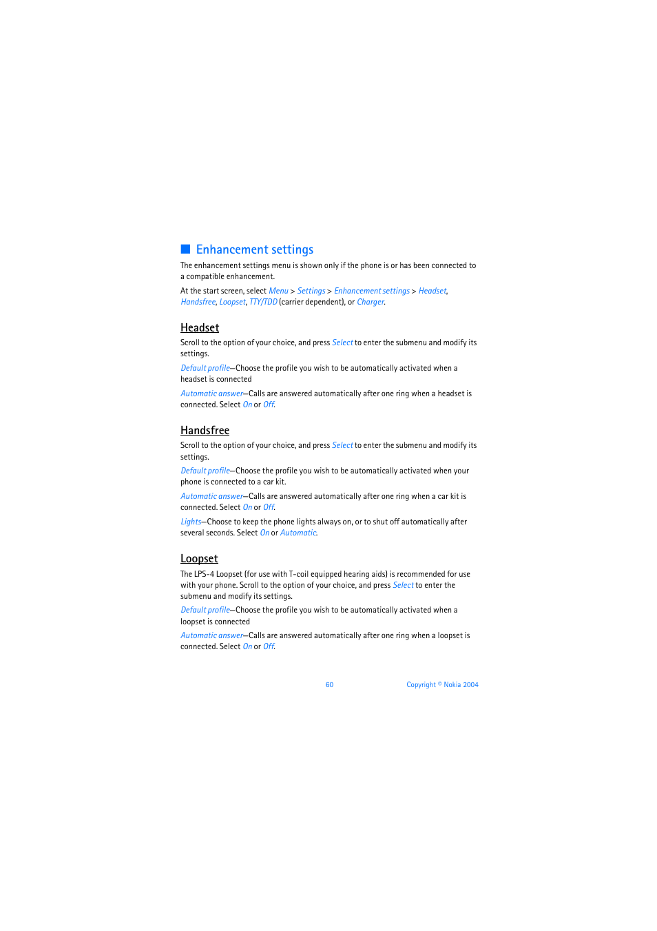 The phone. see enhancement, Settings, 60, Enhancement settings | Headset, Handsfree, Loopset | Nokia 6019i User Manual | Page 61 / 241