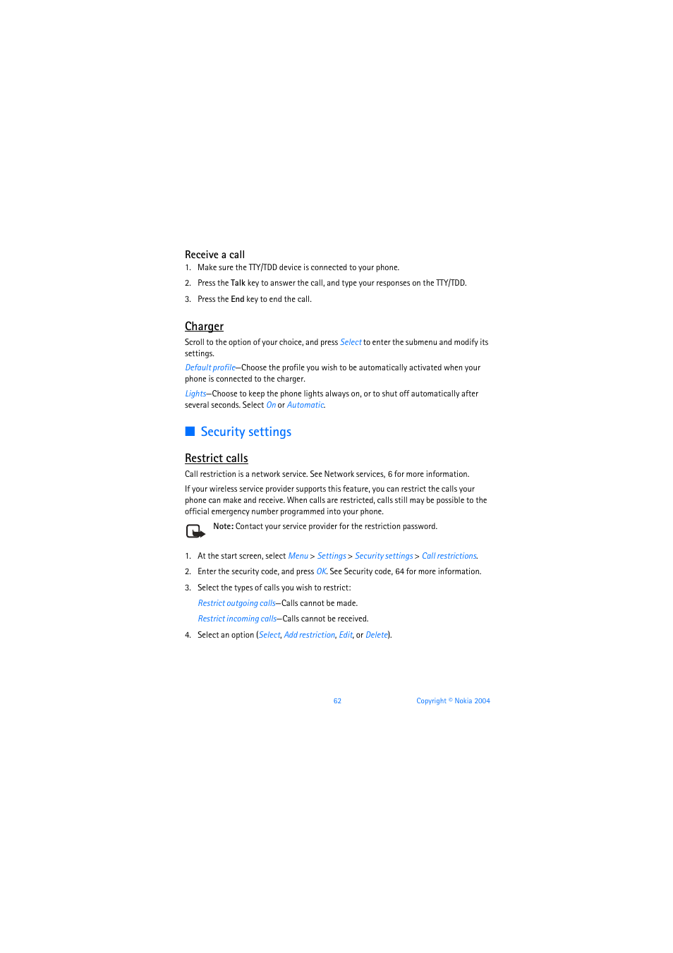 Security settings, Charger, Restrict calls | Nokia 6019i User Manual | Page 63 / 241