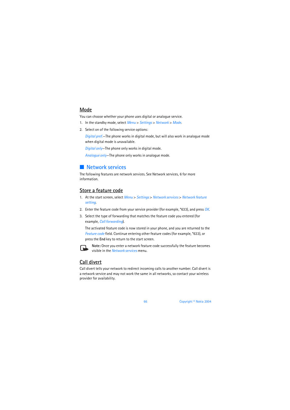 Network services, Mode, Store a feature code | Call divert | Nokia 6019i User Manual | Page 67 / 241