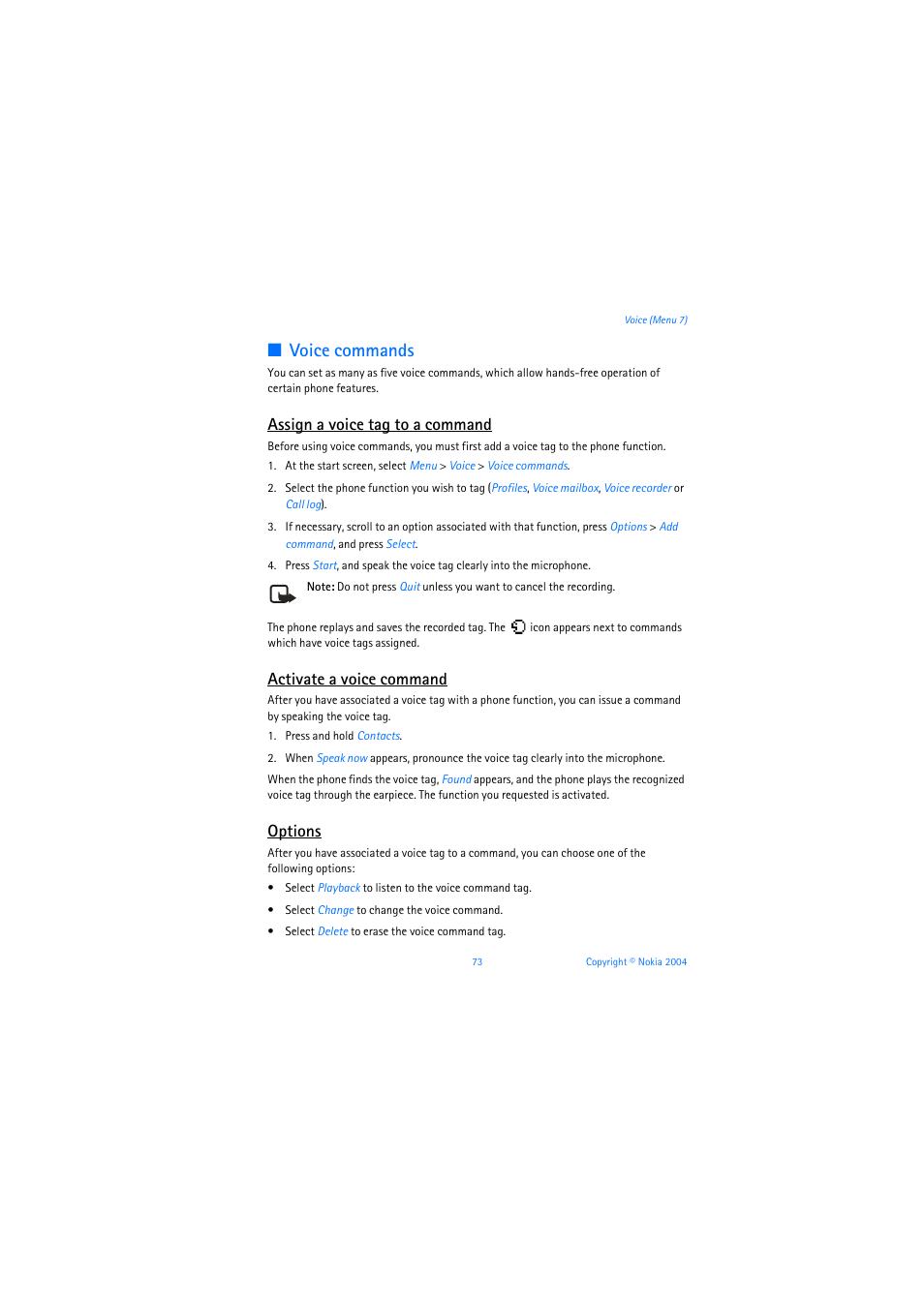 Voice commands, Assign a voice tag to a command, Activate a voice command | Options | Nokia 6019i User Manual | Page 74 / 241