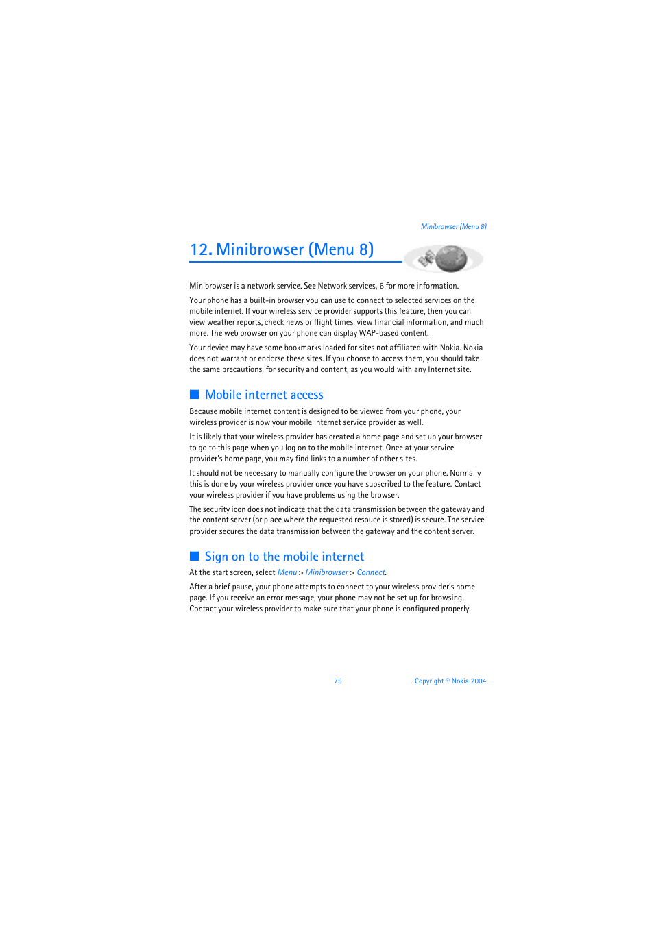 Minibrowser (menu 8), Mobile internet access, Sign on to the mobile internet | Nokia 6019i User Manual | Page 76 / 241