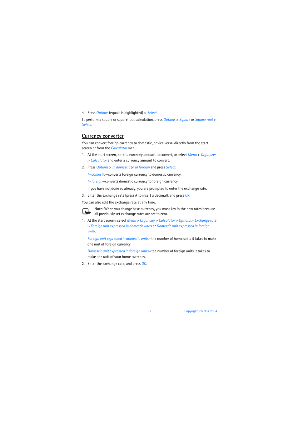Currency converter | Nokia 6019i User Manual | Page 83 / 241