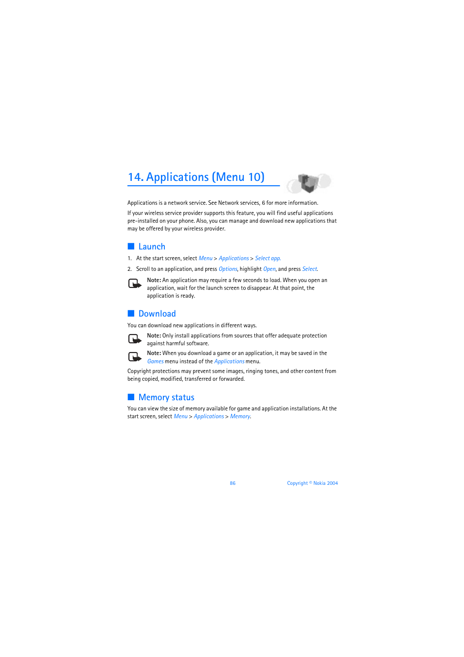 Applications (menu 10), Launch, Download | Nokia 6019i User Manual | Page 87 / 241