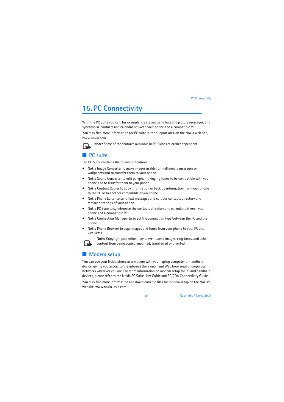 Pc connectivity, Pc suite, Modem setup | Nokia 6019i User Manual | Page 88 / 241