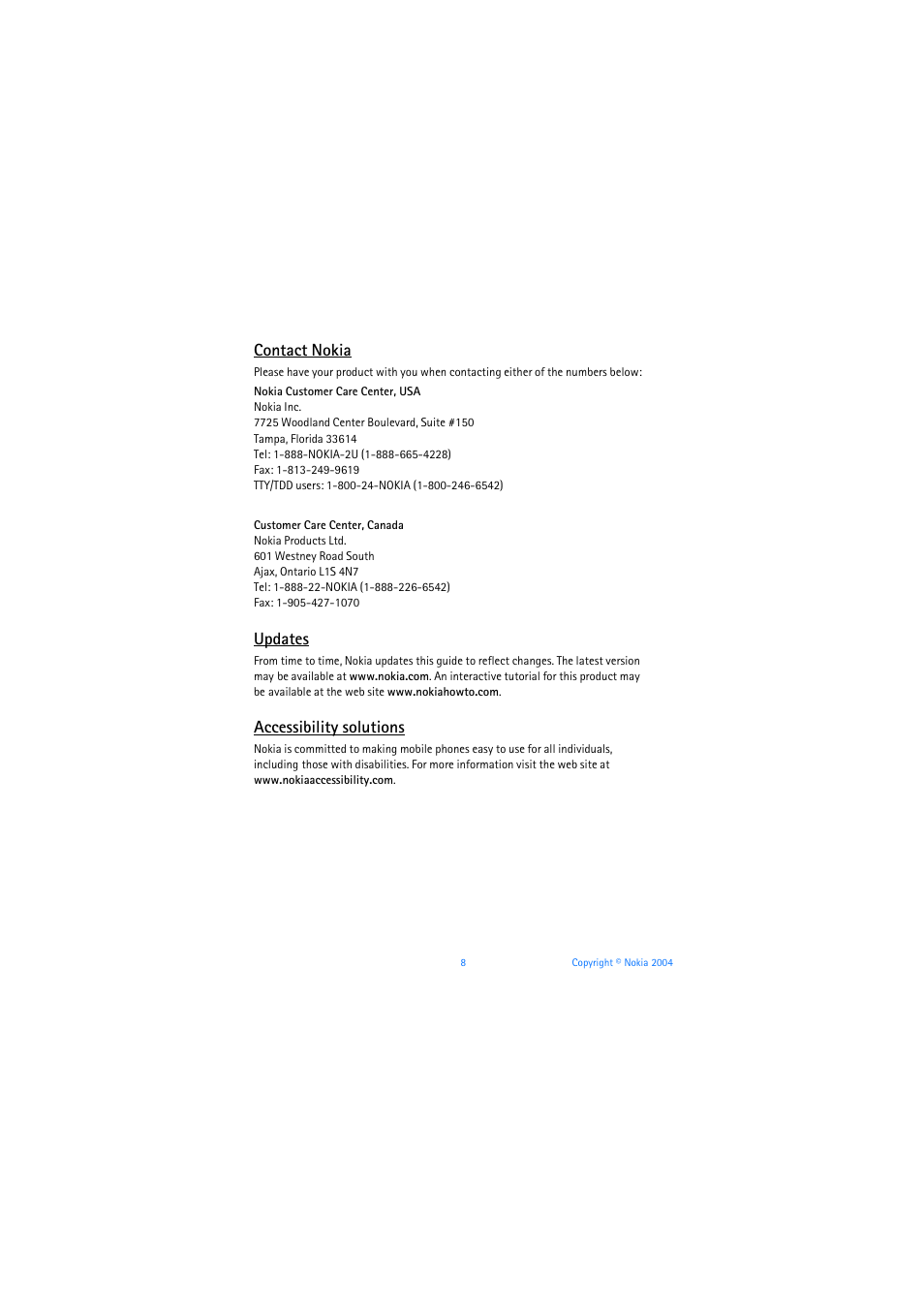 Contact nokia, Updates, Accessibility solutions | Nokia 6019i User Manual | Page 9 / 241