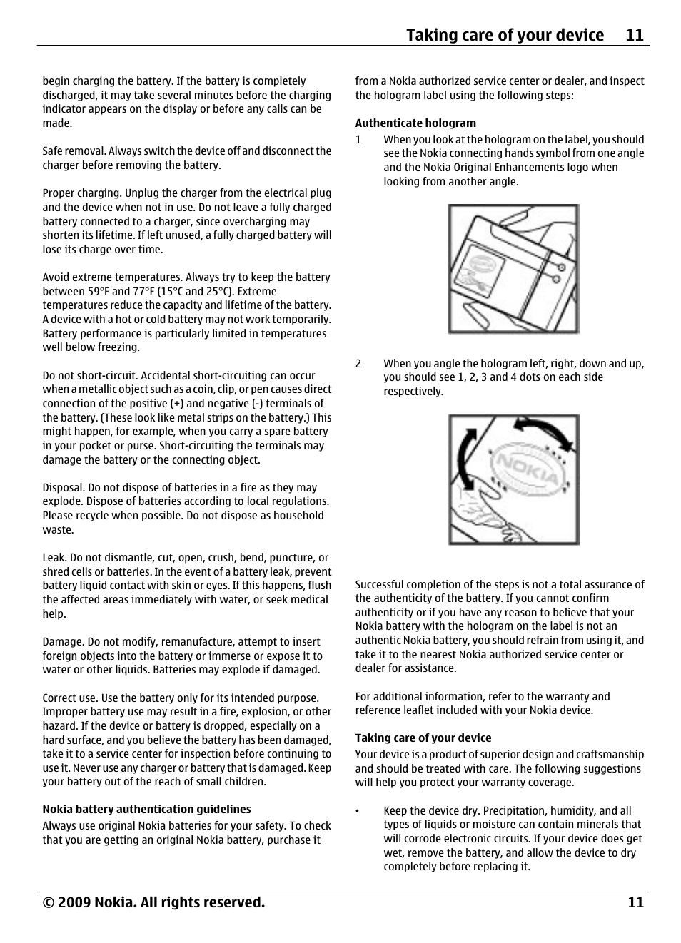 Nokia battery authentication guidelines, Authenticate hologram, Taking care of your device | Nokia battery authentication, Guidelines, Taking care of your device 11 | Nokia 1208 User Manual | Page 11 / 30