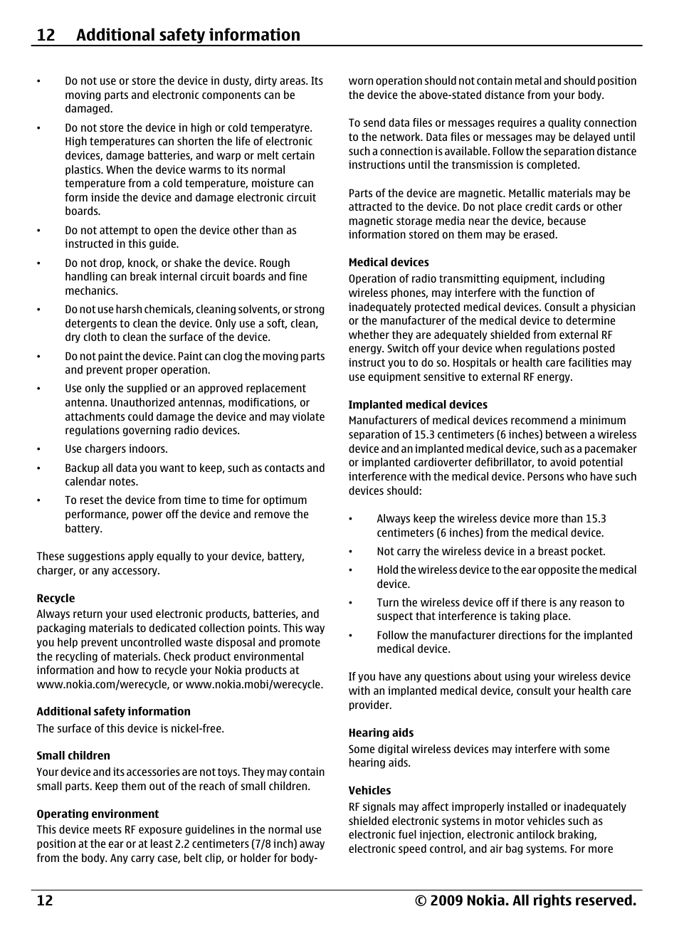 Recycle, Additional safety information, Small children | Operating environment, Medical devices, Implanted medical devices, Hearing aids, Vehicles, 12 additional safety information | Nokia 1208 User Manual | Page 12 / 30