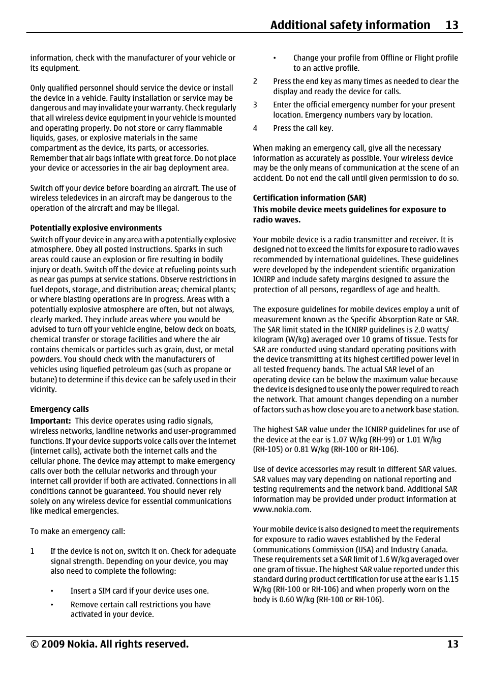 Potentially explosive environments, Emergency calls, Certification information (sar) | Additional safety information 13 | Nokia 1208 User Manual | Page 13 / 30