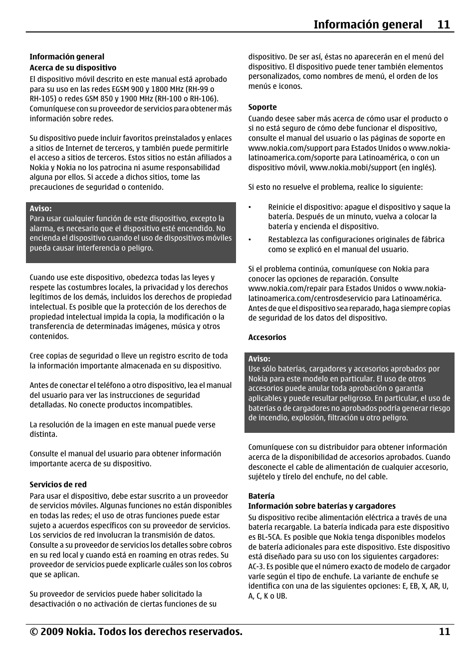 Información general, Accesorios, Batería | Información sobre baterías y cargadores, Información sobre baterías y, Cargadores, Información general 11 | Nokia 1208 User Manual | Page 25 / 30