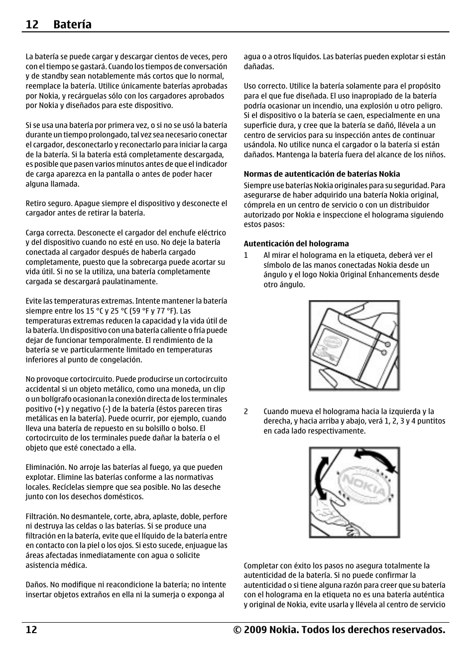 Normas de autenticación de baterías nokia, Autenticación del holograma, Normas de autenticación de baterías | Nokia, 12 batería | Nokia 1208 User Manual | Page 26 / 30