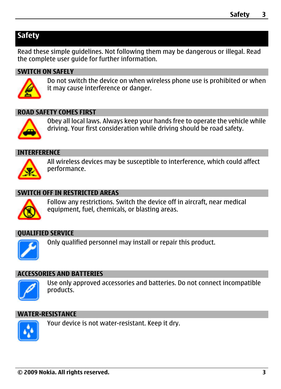 Safety, Switch on safely, Road safety comes first | Interference, Switch off in restricted areas, Qualified service, Accessories and batteries, Water-resistance | Nokia 1208 User Manual | Page 3 / 30