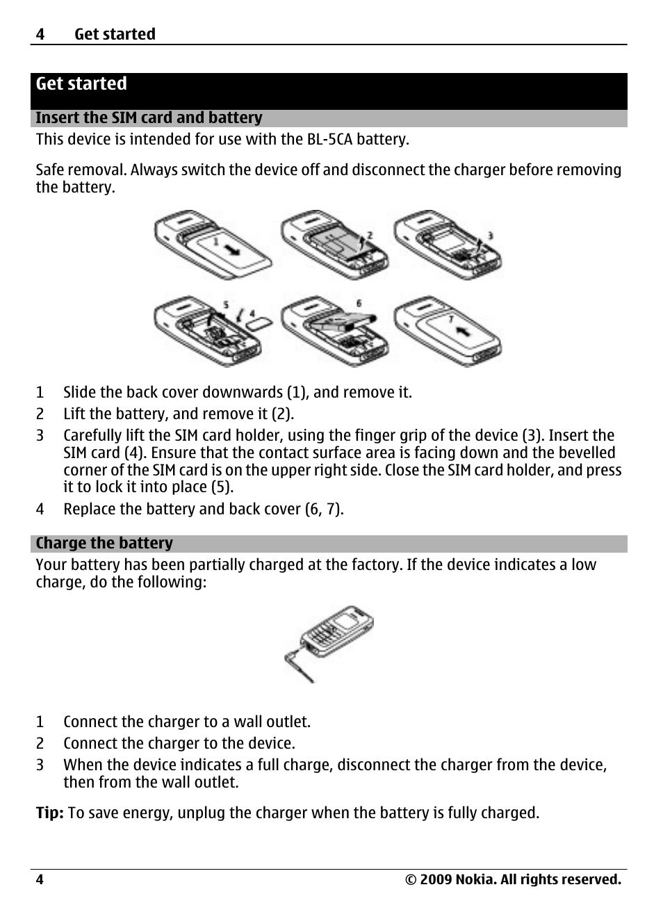 Get started, Insert the sim card and battery, Charge the battery | Nokia 1208 User Manual | Page 4 / 30