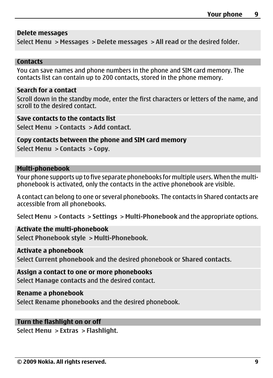 Contacts, Multi-phonebook, Turn the flashlight on or off | Nokia 1208 User Manual | Page 9 / 30