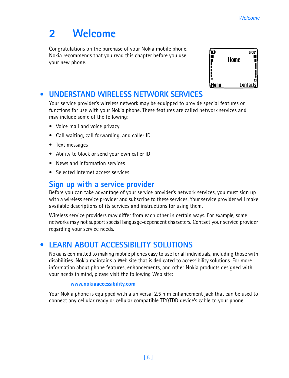 2 welcome, Understand wireless network services, Learn about accessibility solutions | 2welcome, Sign up with a service provider | Nokia 3589i User Manual | Page 10 / 108