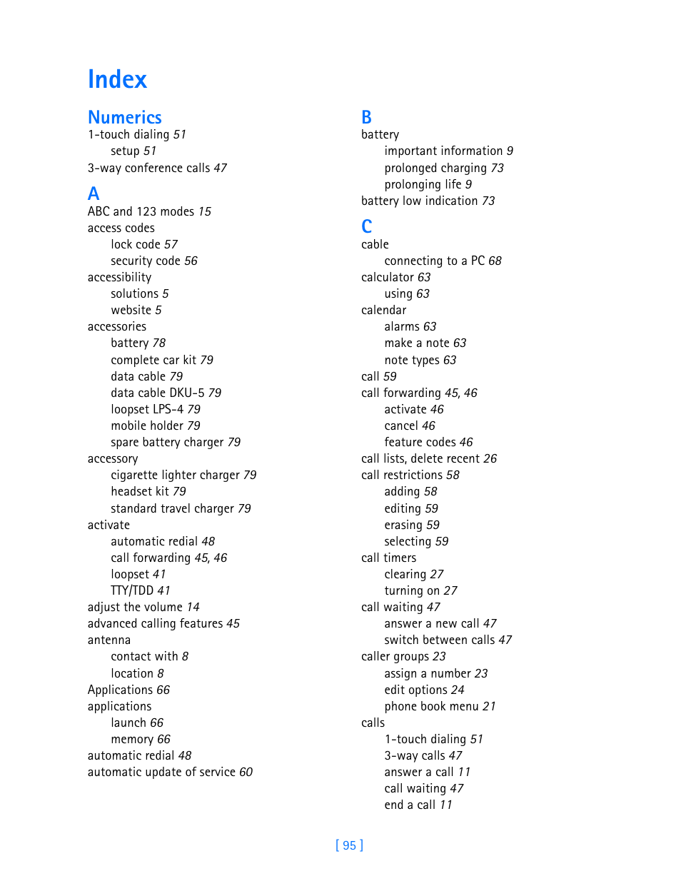 Index, Numerics | Nokia 3589i User Manual | Page 103 / 108