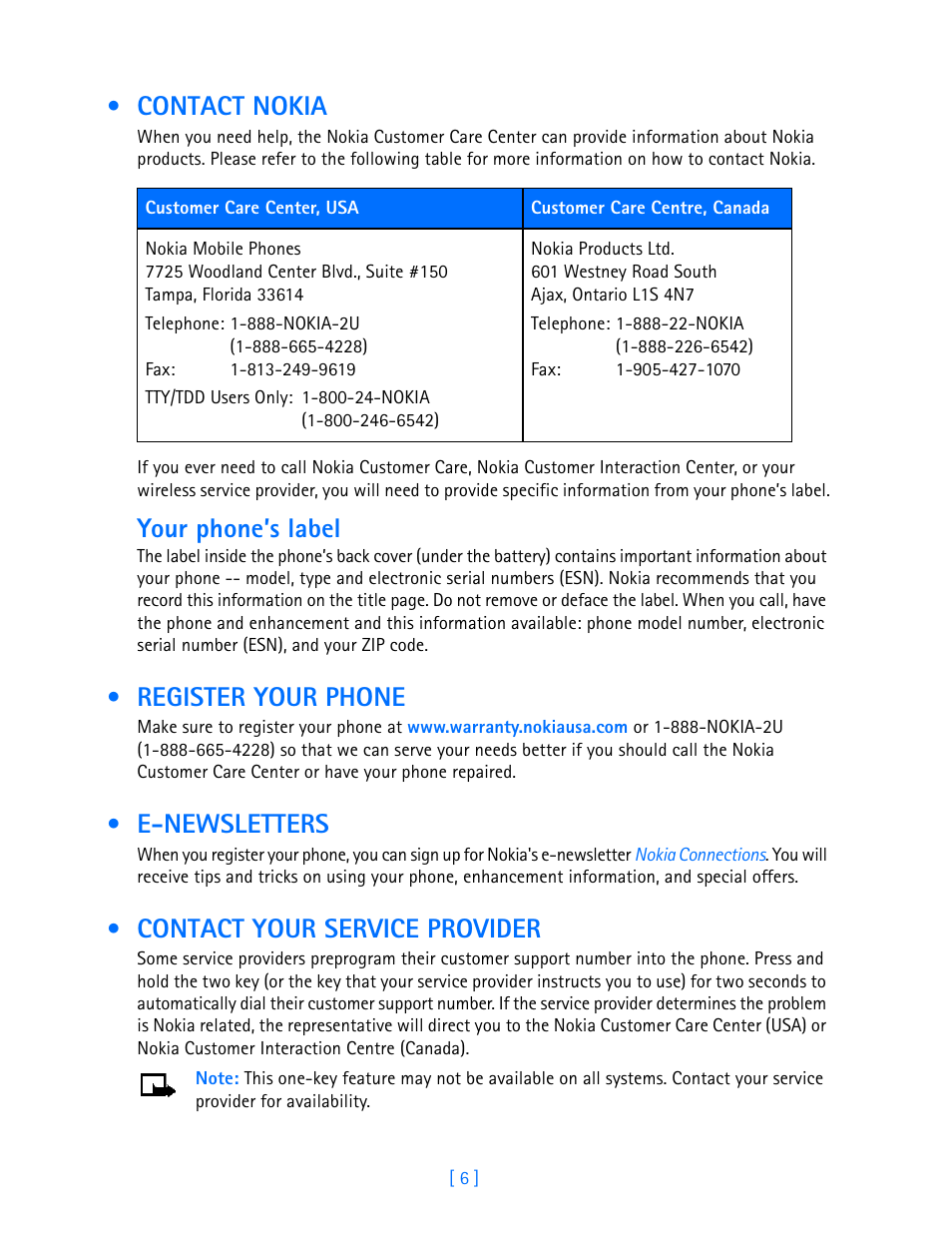 Contact nokia, Register your phone, E-newsletters | Contact your service provider, Your phone’s label | Nokia 3589i User Manual | Page 11 / 108