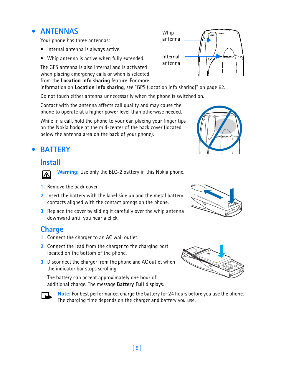 Antennas, Battery, Battery install | Charge | Nokia 3589i User Manual | Page 13 / 108