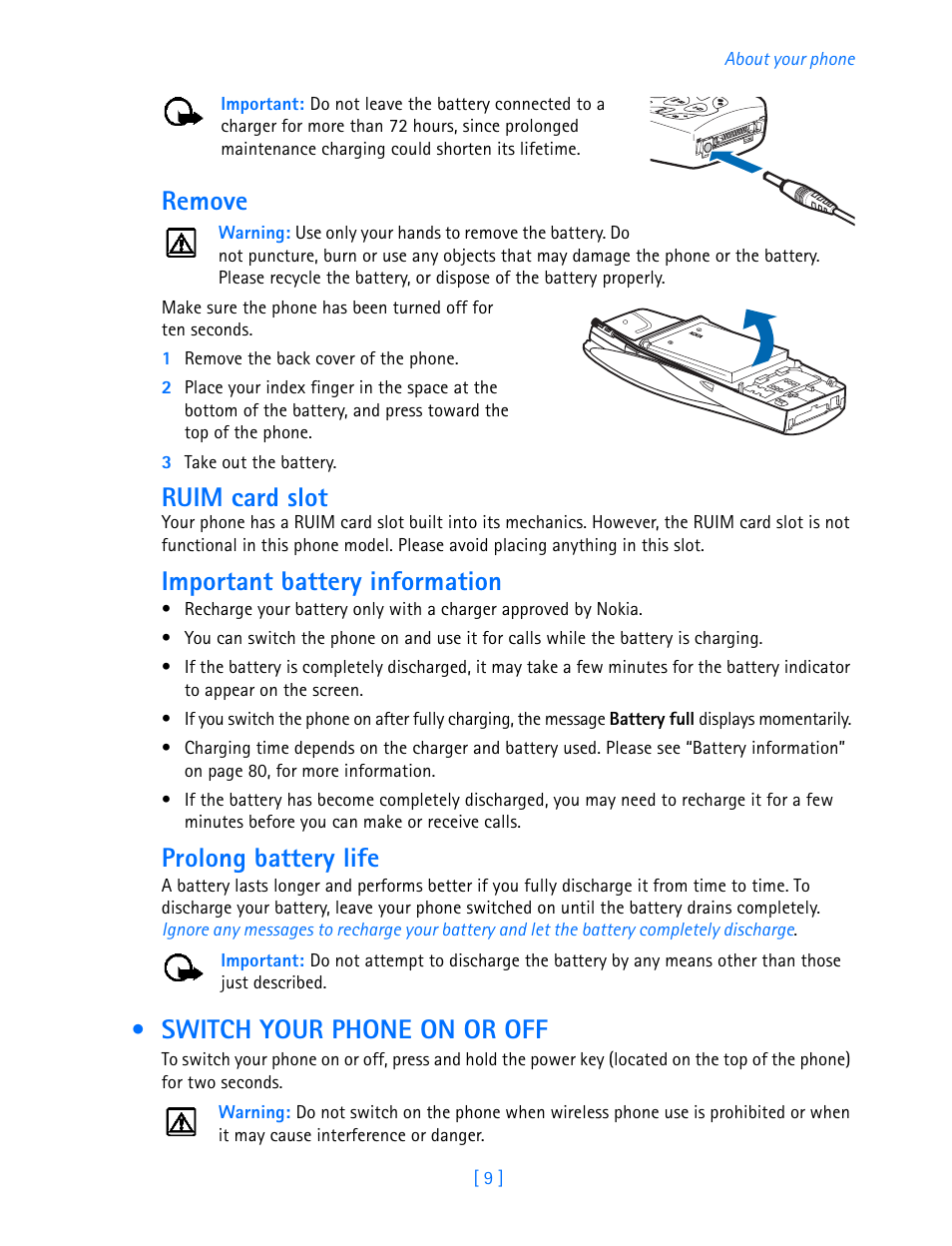 Switch your phone on or off, Remove, Ruim card slot | Important battery information, Prolong battery life | Nokia 3589i User Manual | Page 14 / 108