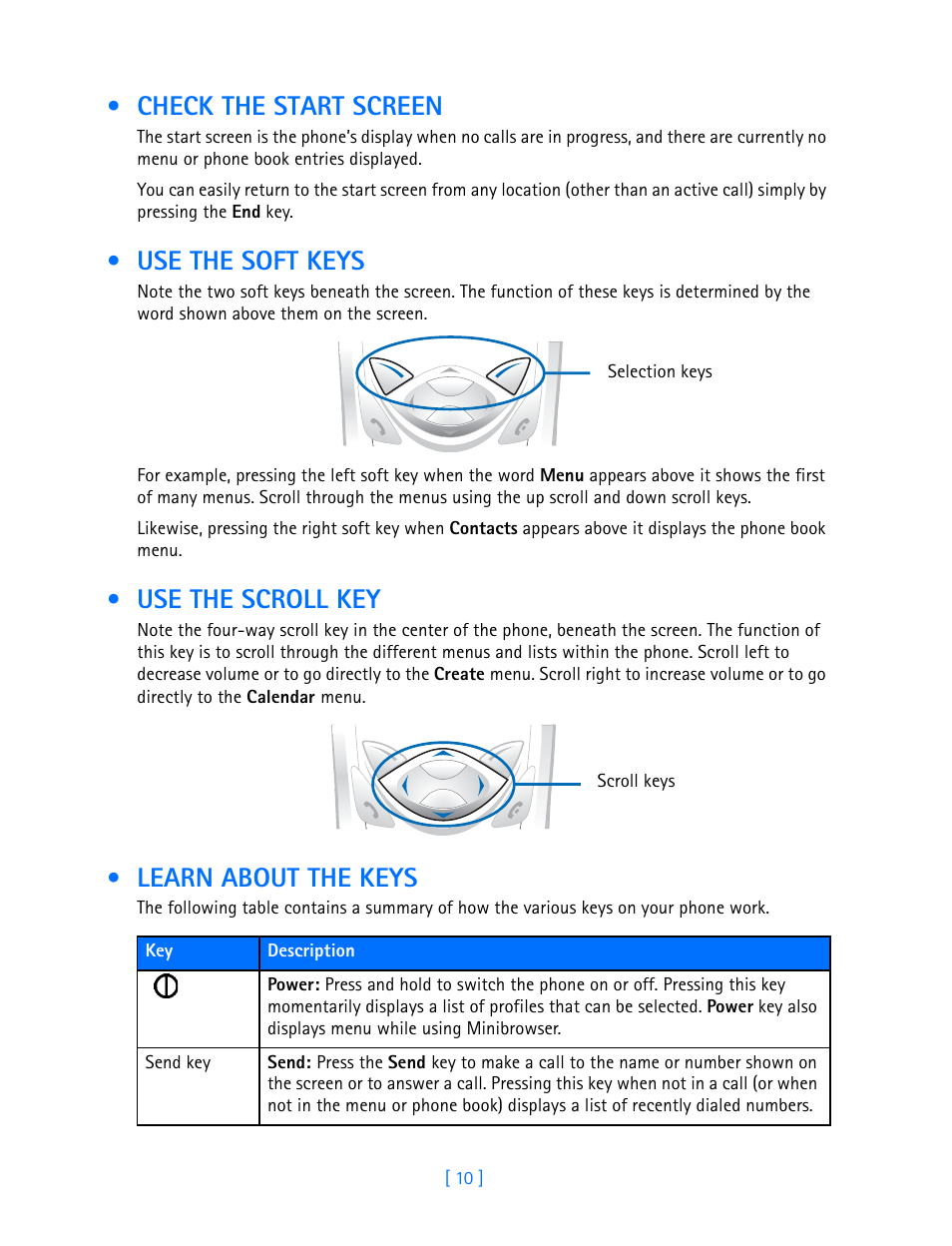 Check the start screen, Use the soft keys, Use the scroll key | Learn about the keys | Nokia 3589i User Manual | Page 15 / 108