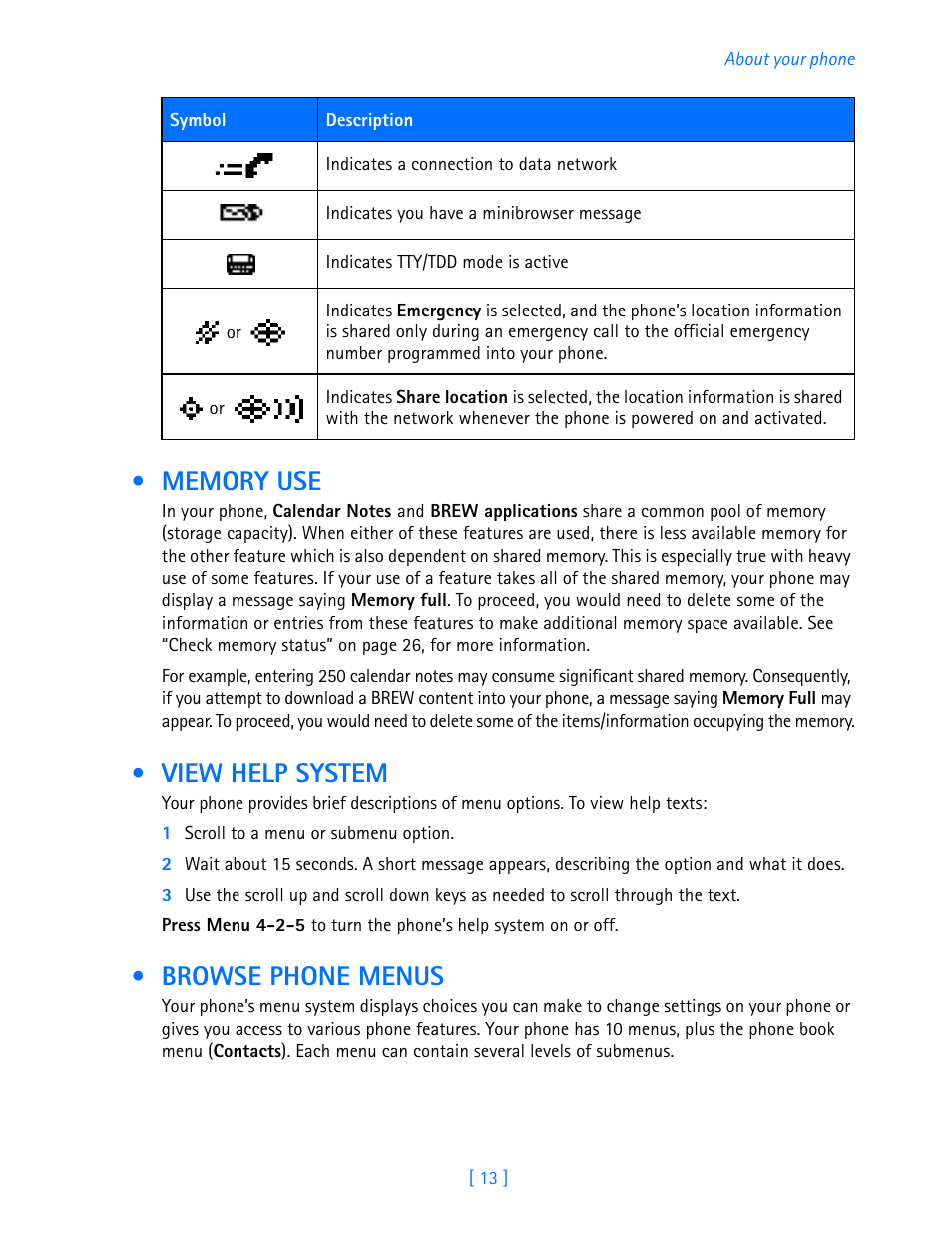 Memory use, View help system, Browse phone menus | Nokia 3589i User Manual | Page 18 / 108