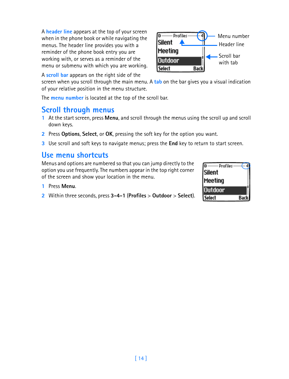 Scroll through menus, Use menu shortcuts | Nokia 3589i User Manual | Page 19 / 108