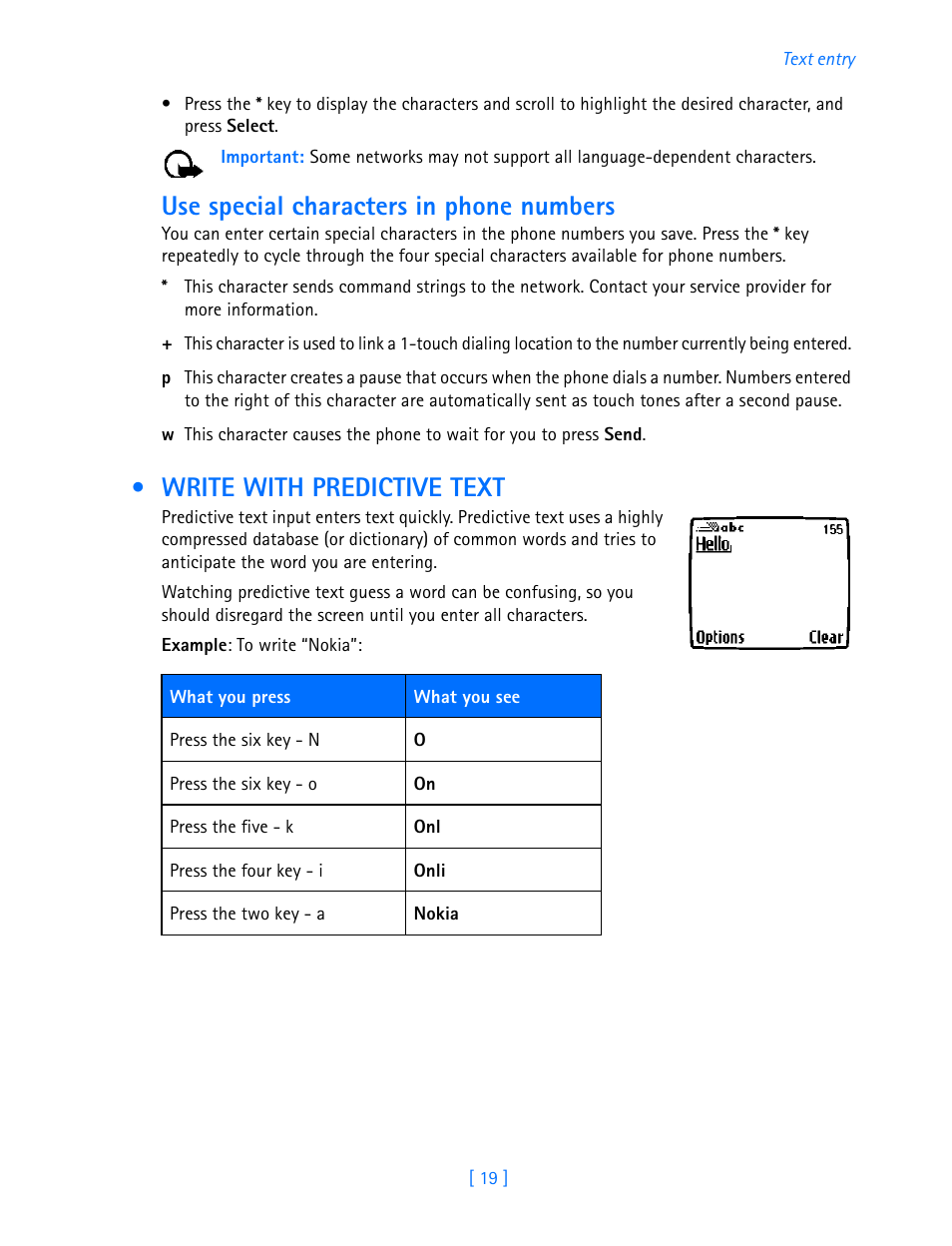 Write with predictive text, Use special characters in phone numbers | Nokia 3589i User Manual | Page 24 / 108