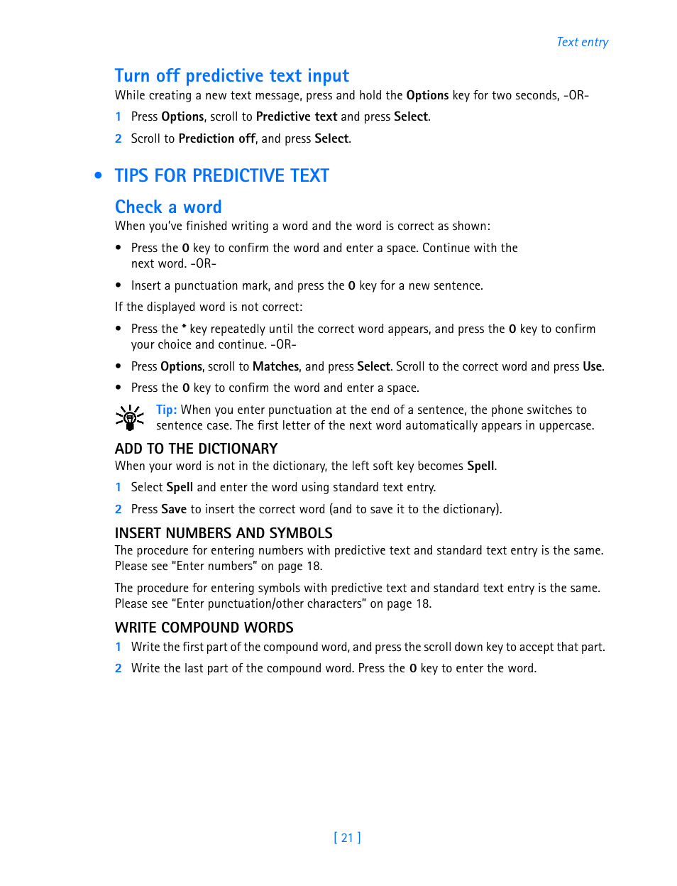 Tips for predictive text, Turn off predictive text input, Tips for predictive text check a word | Nokia 3589i User Manual | Page 26 / 108