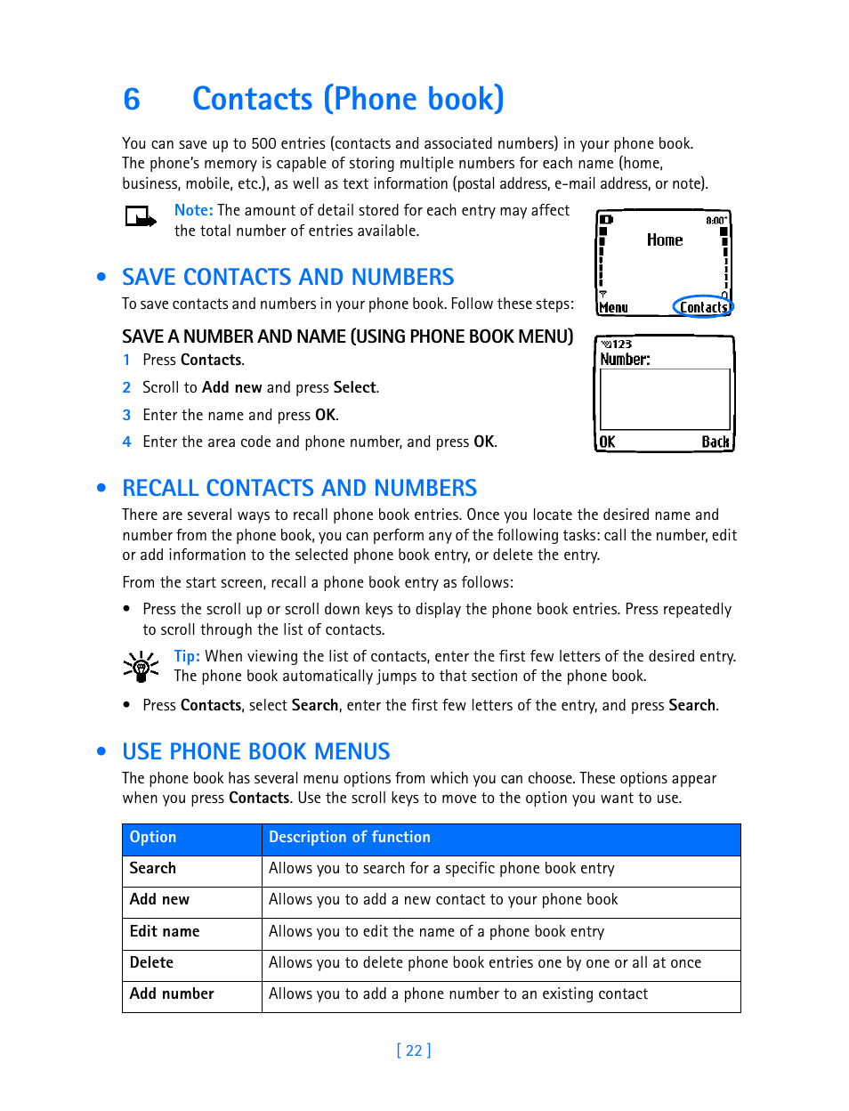 6 contacts (phone book), Save contacts and numbers, Recall contacts and numbers | Use phone book menus, 6contacts (phone book) | Nokia 3589i User Manual | Page 27 / 108