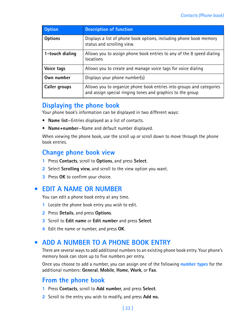 Edit a name or number, Add a number to a phone book entry, Displaying the phone book | Change phone book view | Nokia 3589i User Manual | Page 28 / 108