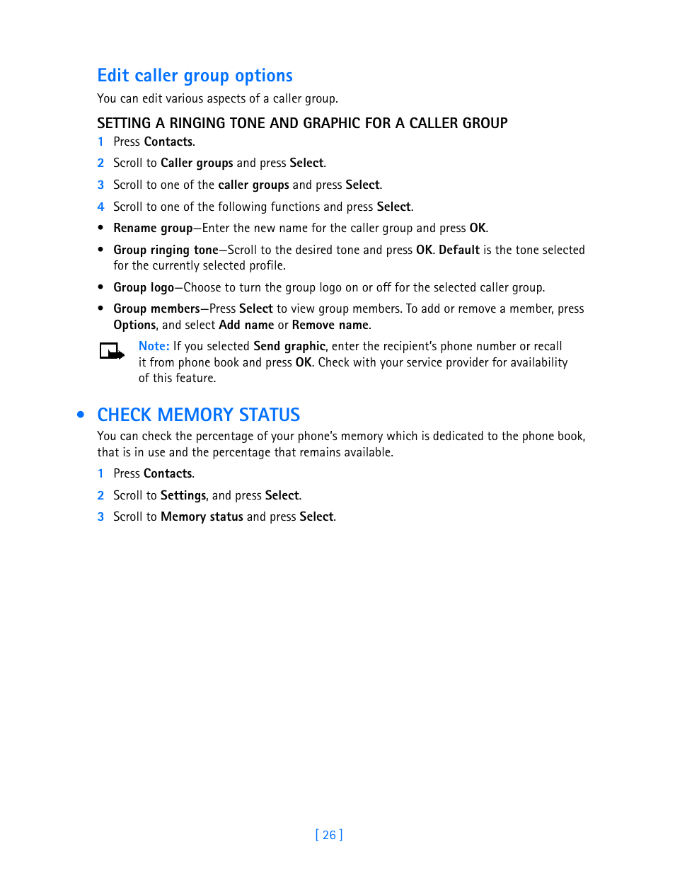 Check memory status, Edit caller group options | Nokia 3589i User Manual | Page 31 / 108