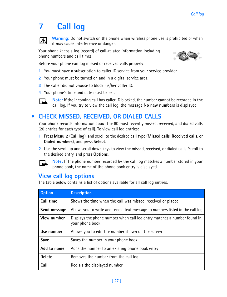 7 call log, Check missed, received, or dialed calls, 7call log | View call log options | Nokia 3589i User Manual | Page 32 / 108