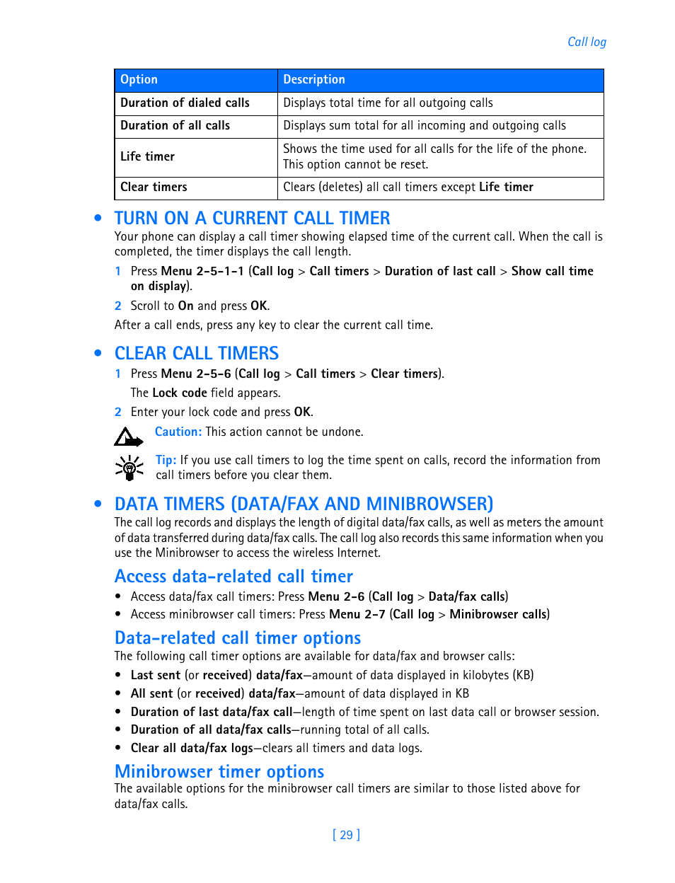 Turn on a current call timer, Clear call timers, Data timers (data/fax and minibrowser) | Access data-related call timer, Data-related call timer options, Minibrowser timer options | Nokia 3589i User Manual | Page 34 / 108