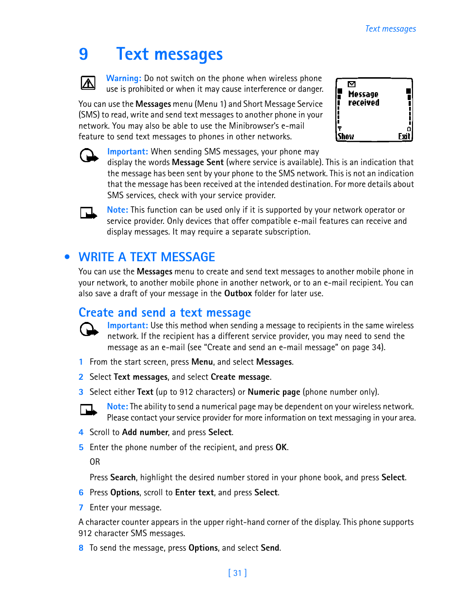 9 text messages, Write a text message, 9text messages | Create and send a text message | Nokia 3589i User Manual | Page 36 / 108