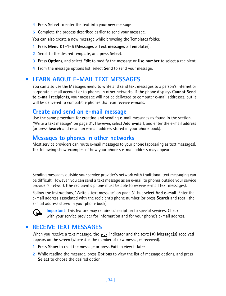 Learn about e-mail text messages, Receive text messages, Create and send an e-mail message | Messages to phones in other networks | Nokia 3589i User Manual | Page 39 / 108