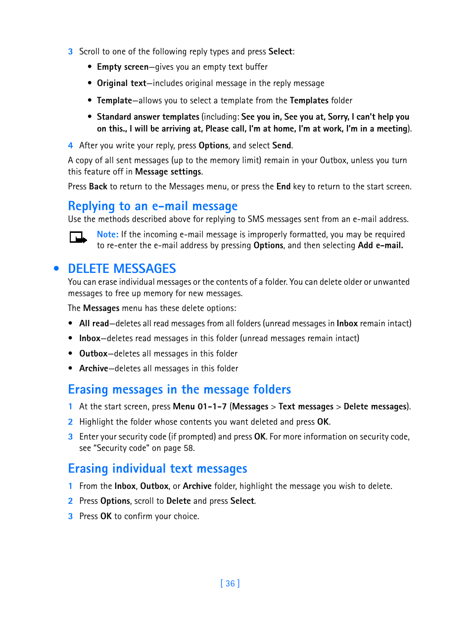 Delete messages, Replying to an e-mail message, Erasing messages in the message folders | Erasing individual text messages | Nokia 3589i User Manual | Page 41 / 108