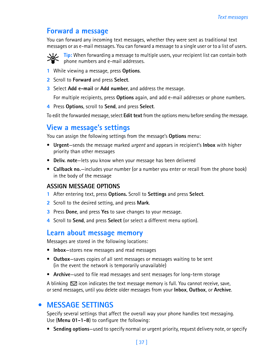 Message settings, Forward a message, View a message’s settings | Nokia 3589i User Manual | Page 42 / 108