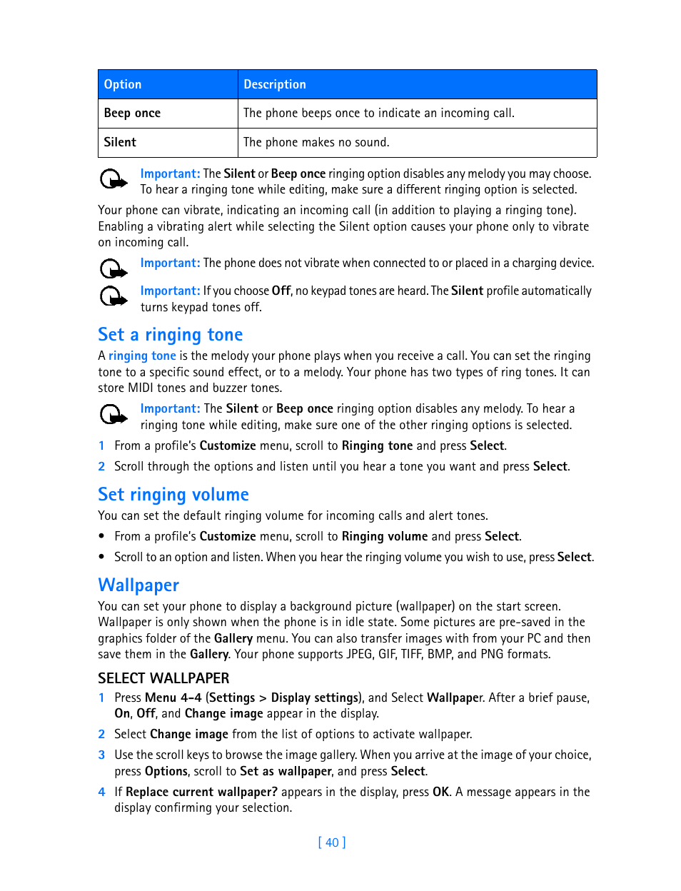 Set a ringing tone, Set ringing volume, Wallpaper | Nokia 3589i User Manual | Page 45 / 108