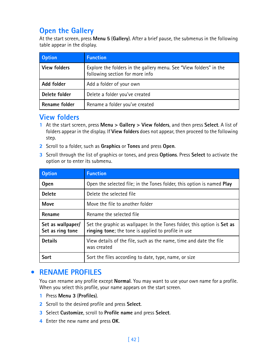 Rename profiles, Open the gallery, View folders | Nokia 3589i User Manual | Page 47 / 108