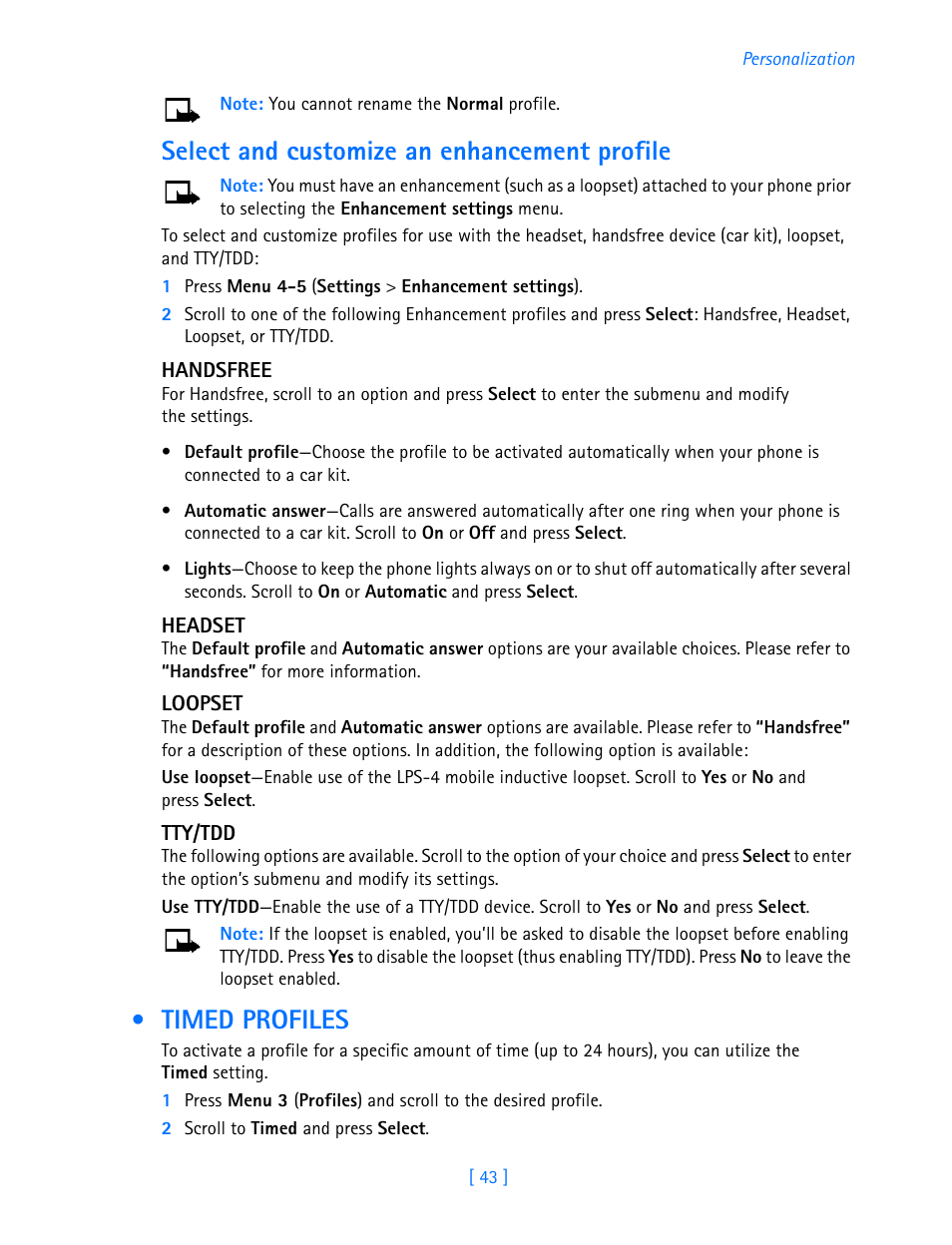 Timed profiles, Select and customize an enhancement profile | Nokia 3589i User Manual | Page 48 / 108