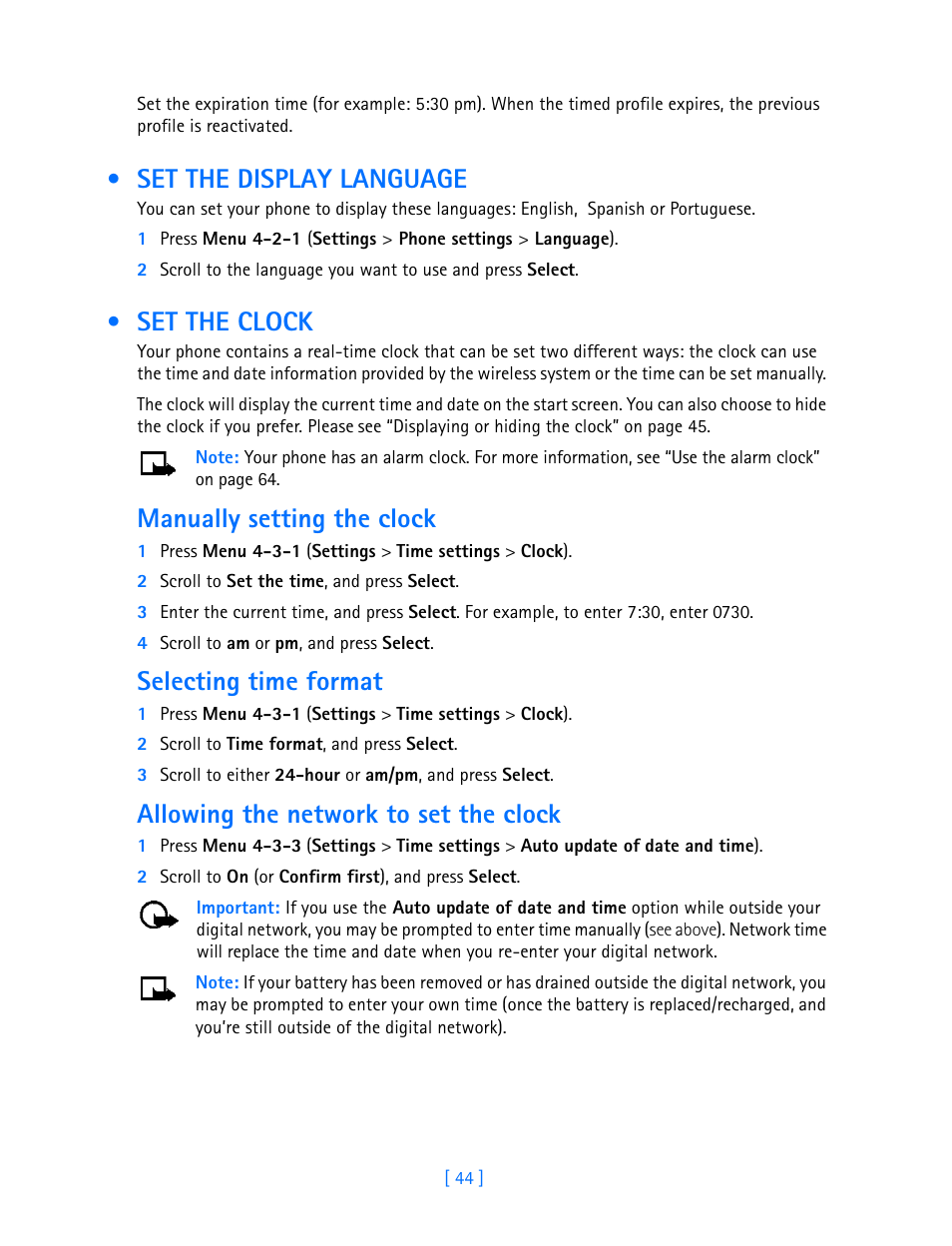 Set the display language, Set the clock, Manually setting the clock | Selecting time format, Allowing the network to set the clock | Nokia 3589i User Manual | Page 49 / 108