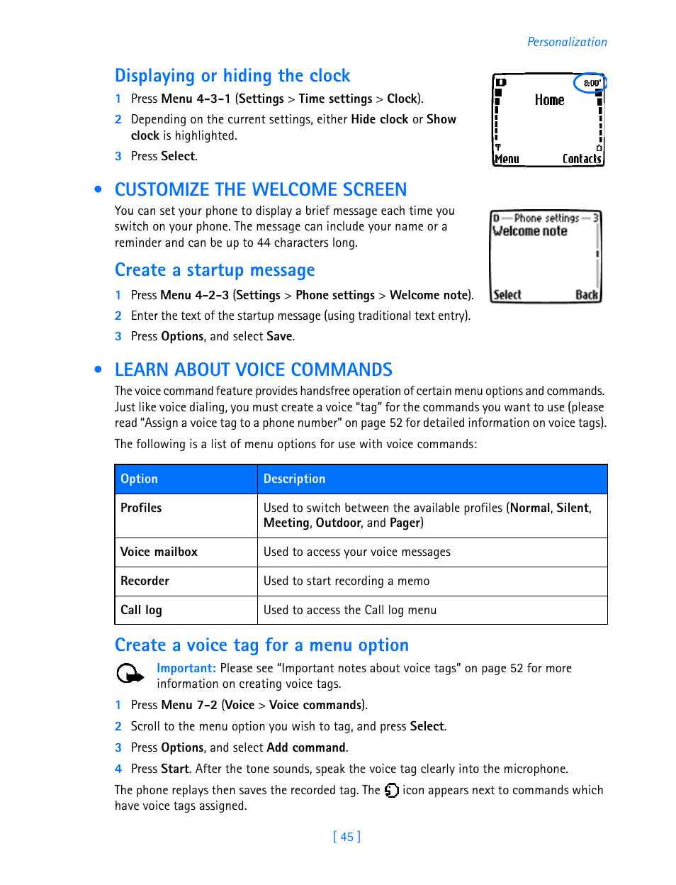 Customize the welcome screen, Learn about voice commands, Displaying or hiding the clock | Create a startup message, Create a voice tag for a menu option | Nokia 3589i User Manual | Page 50 / 108