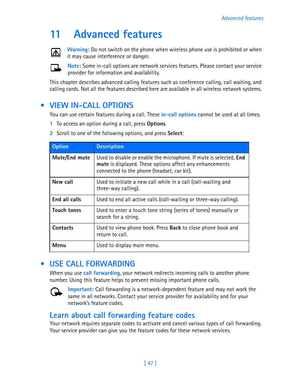 11 advanced features, View in-call options, Use call forwarding | Learn about call forwarding feature codes | Nokia 3589i User Manual | Page 52 / 108