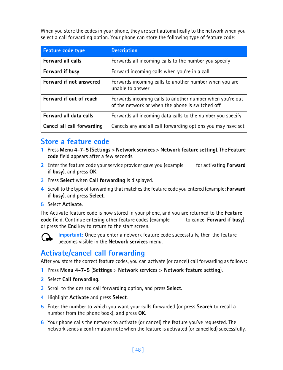 Store a feature code, Activate/cancel call forwarding | Nokia 3589i User Manual | Page 53 / 108