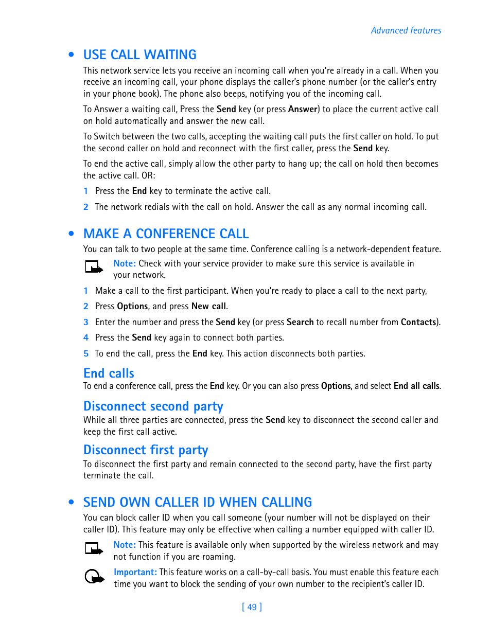 Use call waiting, Make a conference call, Send own caller id when calling | End calls, Disconnect second party, Disconnect first party | Nokia 3589i User Manual | Page 54 / 108